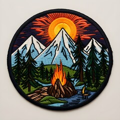 Vibrant embroidered patch of the stylized mountain range with fine details, sharp focus, and vibrant colours