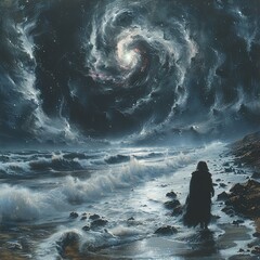 painting of a person standing on a beach looking at a spiral