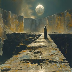 painting of a man standing on a stone walkway in front of a full moon