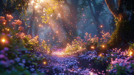 A whimsical fairy woodland at twilight with bioluminescent plants and shimmering pixie dust in the air