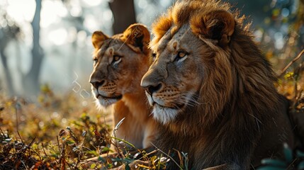Fototapeta premium Morning Watch: Lions in the Savanna