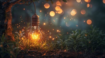 A light bulb is hanging from a tree branch. The light bulb is lit up and surrounded by a glowing, blurry background. Concept of mystery and wonder