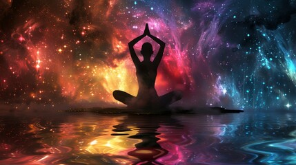 A woman is meditating in a pool of water with a colorful background. Concept of peace and tranquility, as the woman is focused on her breathing and the serene environment around her