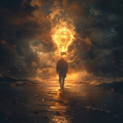 A person is walking on a beach with a glowing light bulb on their head. The scene is dark and mysterious, with the light bulb creating an eerie atmosphere