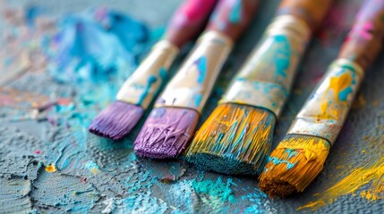 Fototapeta premium A set of paintbrushes with a variety of colors are laid out on a table. The colors include purple, blue, yellow, and green. The brushes are likely used for creating a colorful and vibrant painting