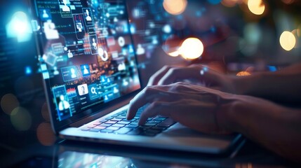 A person is typing on a computer keyboard with a colorful background