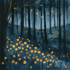 painting of a forest with yellow flowers and trees in the background