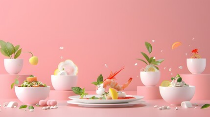 appetizing dishes adorn a soft pastel pink background, rendered in cinematic full ultra HD high resolution for a captivating presentation.
