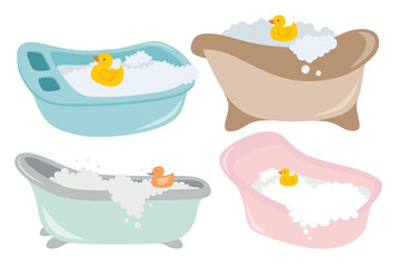 Set of cute baby bathtub with foam bubbles and rubber duck. 