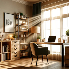 Modern Home Office with Sunlit Desk and Inspirational Quote