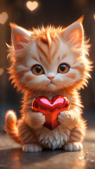 orange cat holding a heart