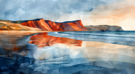 Cubist Coastlines: Watercolor Panorama of Abstract Angular Seascapes - obrazy, fototapety, plakaty