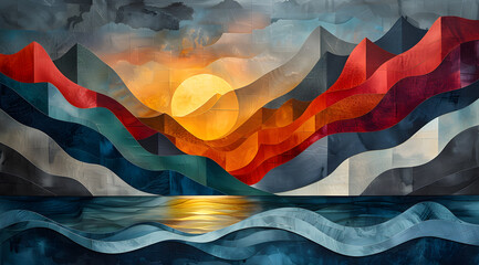 Angular Horizons: Cubist Watercolor Panorama Distorting Coastal Imagery