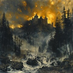painting of a castle in the middle of a forest with a river running through it