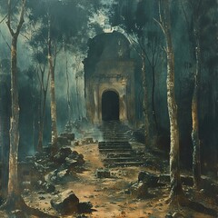 painting of a dark forest with a stone building in the middle
