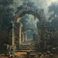 painting of a ruined building with a stone arch in the middle