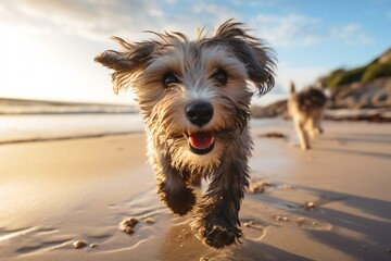 happy dog run on the beach