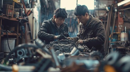 Two men are working on a car engine in a garage - obrazy, fototapety, plakaty