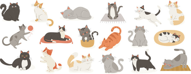 Adorable Cartoon Cats Collection. Flat Color Vector Cat Icon Set in Different Poses - Sleeping, Stretching, Playing, Sitting. Funny and Cute Pet Animals, Isolated. Vector illustration