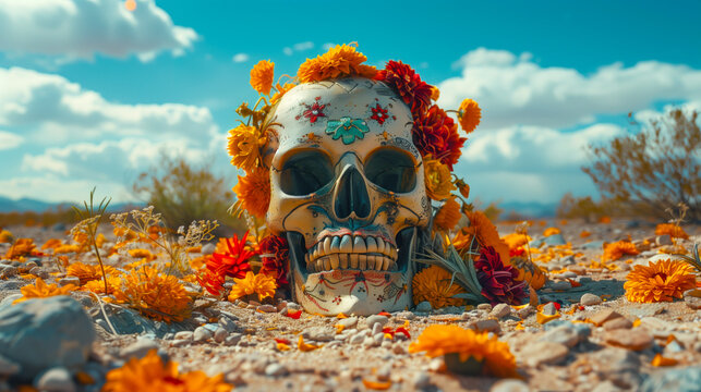 Colorful Mexican skull decorated with marigolds in a desert setting symbolizing El Día de Muertos.