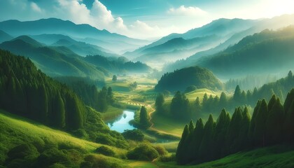 The landscape image features lush green hills and dense forests, capturing the natural beauty and tranquility of this rural region. - obrazy, fototapety, plakaty