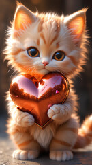 orange cat holding a heart