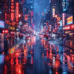araful city street with neon signs and traffic lights at night