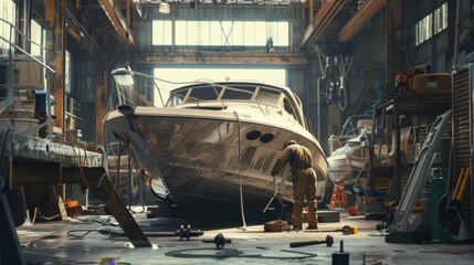 A man is working on a boat in a workshop - obrazy, fototapety, plakaty