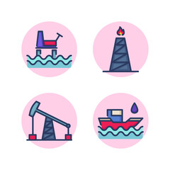 Oil production line icon set. Sea oil plant, pump for extraction, factory, petroleum. Fuel extraction processing concept. Vector illustration for web design app