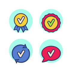 Quality approval badge icon set. Verification icon, check mark, feedback, reviews, speech bubble. Confirmation of quality, qualification concept. Vector illustration for web design and apps