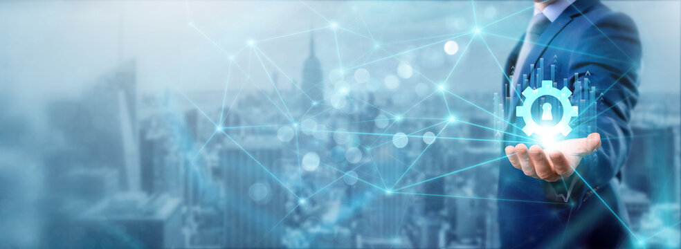 Businessman holding access management icon, networking and controlling access, secure connection, managing user permissions, authentication service, authorization systems and protecting network.