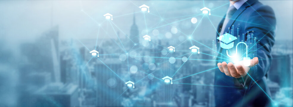 Businessman holding E-learning icon, networking and accessing courses, global connection, digital education solutions, online services, interactive learning, and collaborative network.