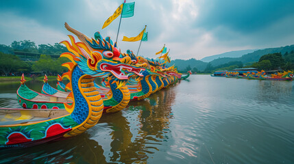 Dragon Boat Festival with colorful traditional dragon boats, lined up on a calm river, Ai Generated...