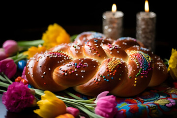 Greek Easter Bread, Sweet, braided bread, colorful sprinkles - obrazy, fototapety, plakaty