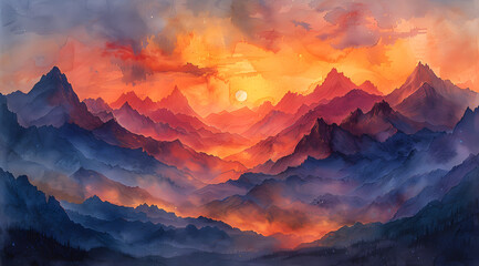 Mountain Majesty: Panoramic Watercolor Sunrise with Encaustic Wax Peaks
