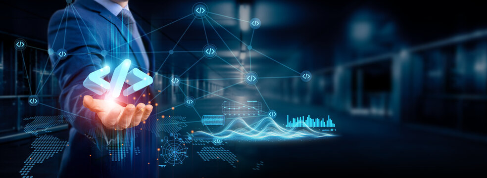 Businessman holding software development icon global structure, networking and data integration connection, cloud computing solutions, agile development service, tech innovation, and digital network.