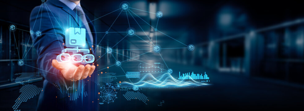 Businessman holding supply chain management icon, global structure, networking and data integration, seamless connection, streamlined logistics, optimized processes, and resilient networks.