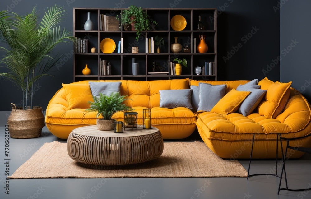 Wall mural modern living room with yellow sofa and decorative shelving