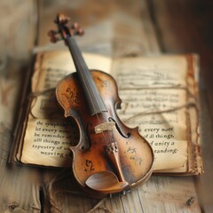 Naklejka premium A violin is on top of a sheet of music. The music is written in a foreign language