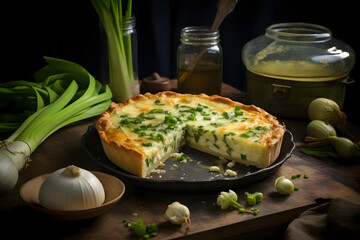 Spring Onion Quiche, Savory pie filled, spring onions, cheese