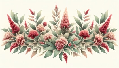 Watercolor illustration of a Cockscomb Floral Border