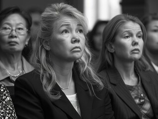 Fototapeta premium A group of women in business attire sitting next to each other. Generative AI.