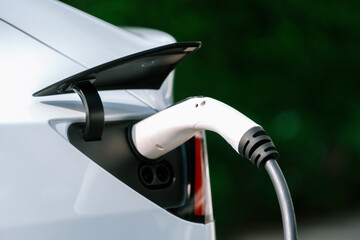 Closeup EV charger plug handle attached to electric vehicle port, recharging battery from charging...