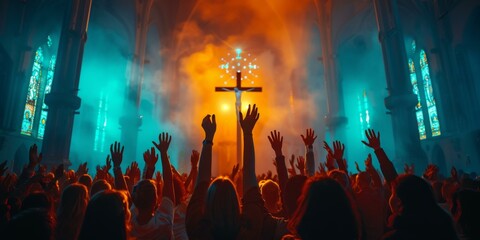A group of people raising their hands in a church. Generative AI. - obrazy, fototapety, plakaty