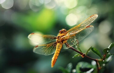 Golden Dragonfly in Sunlit Forest