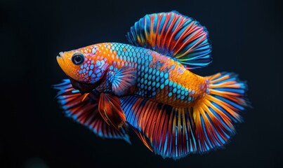 Fototapeta premium A colorful fish with a blue, red and yellow tail. Generative AI.