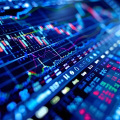 Fototapeta premium A stock market graph with many lines and numbers. Scene is intense and focused, as it shows the fluctuations of the stock market
