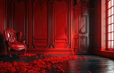 Red Elegance: Ornate Room with Rose Petals