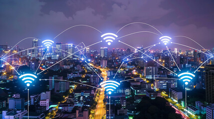 Futuristic smart city with interconnected network nodes overlaying an urban skyline 

