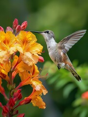 Fototapeta premium A hummingbird hovering over a flower with its beak open. AI.